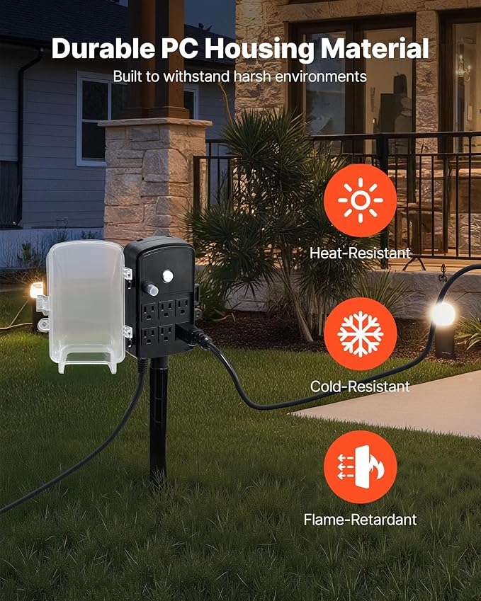 VEVOR Outdoor Power Stake Waterproof, 25 FT Extension Cord, Outdoor Power Strip, Weatherproof with Cover and Overload Protection, 6 Outlets, 15A/1875W for Halloween/Christmas Lights Decorations