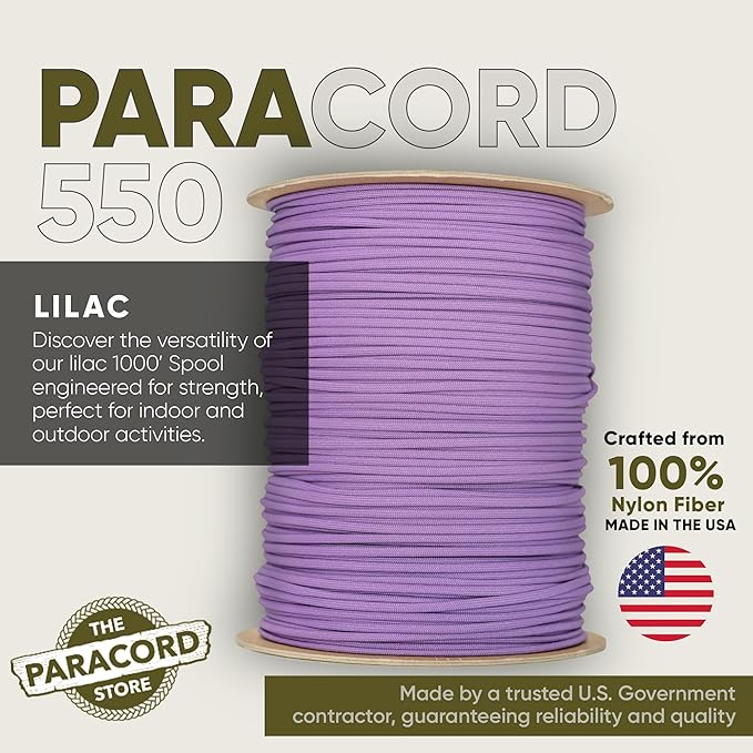 The Paracord Store | Type III 550 Paracord - 1000 FT Spool, Lilac | Heavy Duty 7 Strand Tactical Paracord - USA Made Nylon Outdoor Parachute Cord for Camping, Fishing & More - Survival Cord