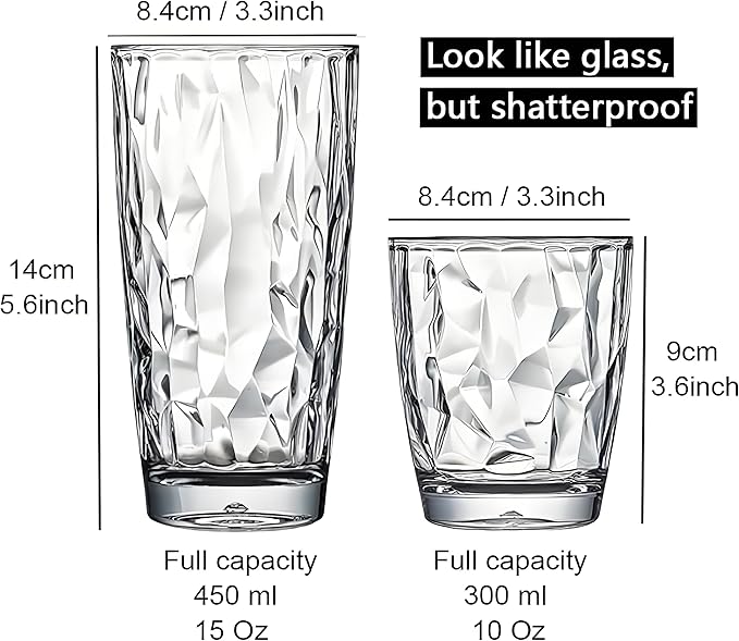 10 Oz Unbreakable Tritan Drinking Glasses Shatterproof Acrylic Glasses Drinkware BPA Free Hard Plastic Cups Reusable Kitchen Water Glasses Drinking Set of 8 (Clear)