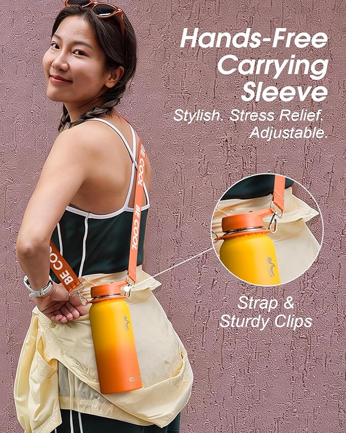 Coolflask Water Bottle with Straw, 32 oz Insulated Metal Water Flask with Straw & Spout Lids, Stainless Steel Double Wall Vacuum, Keep Cold 48h Hot 24h, Leak Proof, BPA-Free, Yellow/Orange