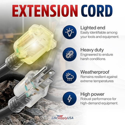 100ft Outdoor/Indoor Extension Cord 16/3 Gauge Heavy Duty 3 Prong SJTW, Waterproof, Flexible Cold-Resistant Long Power Cord,10A 125V 1250W, Black by LifeSupplyUSA