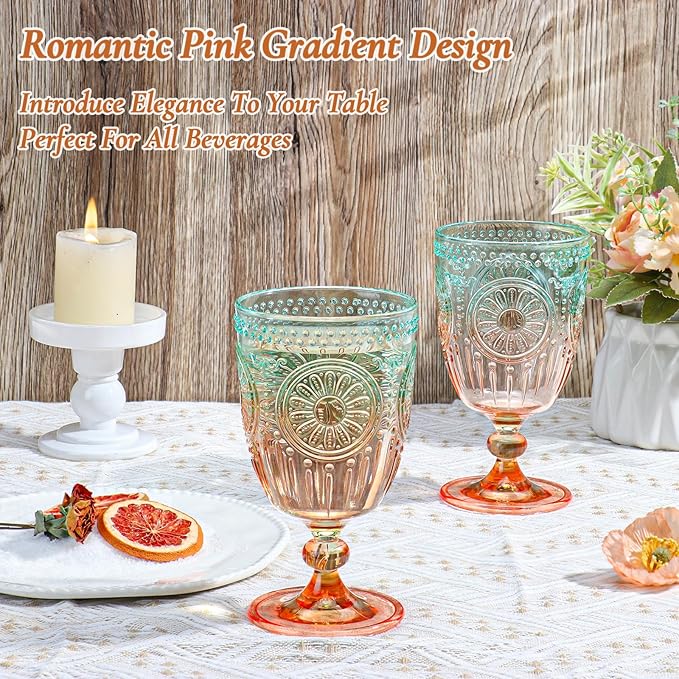 XUWAIDSGN 6Pcs Plastic Vintage Wine Glasses 13.5oz Reusable Embossed Goblet Glasses Green Orange Gradien Retro Wine Glassware Unbreakable Stemmed Champagne Water Cups for Cocktail Juice Wedding