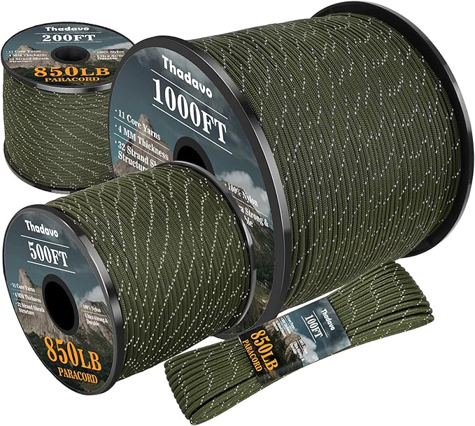 Reflective Paracord Rope 850Ib, 50/100/200/500/1000ft 4MM 11 Strand Parachute Cords, Tactical Paracord String for Camping, Fishing, Clothesline, Hammock, Tent, Bracelet, Army Green 100FT