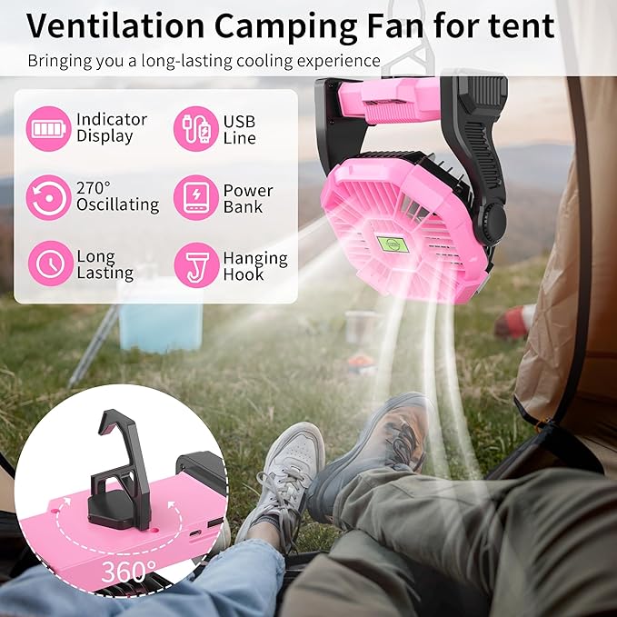 Portable Fan Rechargeable Camping Essentials, Cordless Camping Fan Battery Powered with Led Lights & 360°Hook, USB Battery Operated Fans for Women,4 Speeds Tent Portable for Traveling X23 Pink