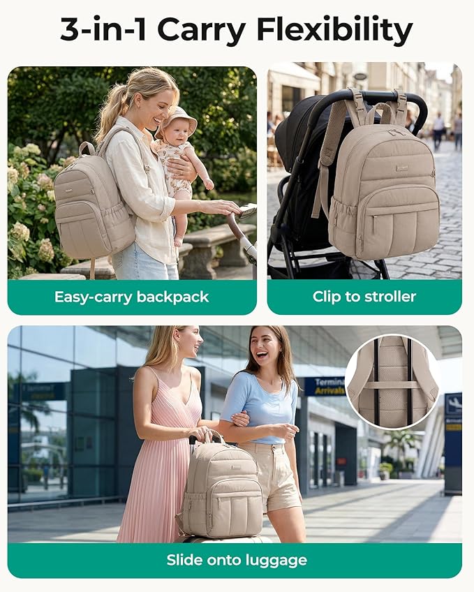 BAGSMART Diaper Bag Backpack, Multi-Pocket Puffy Diaper Bag with Waterproof Changing Pad, Lightweight Stroller-Friendly Diaper Bag with Insulated Pockets, Easy-Access Baby Essential, Pink