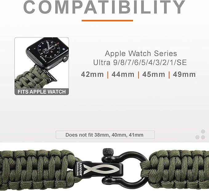Savior Survival Gear Paracord Watch Band - Compatible with Apple Watch Band 49mm 46mm 45mm 44mm 42mm - iWatch Band Series Ultra 10 9 8 7 6 5 4 3 2 1 SE – Adjustable strap for men (Green, Large)