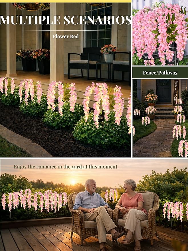 GIGALUMI Solar Lights Outdoor for Garden Decor, 3 Pack Solar Flower Lights Waterproof, 2 Lighting Modes Wisteria for Pathway,Yard, Patio Decoration, Gardening Gifts for Women (Pink)