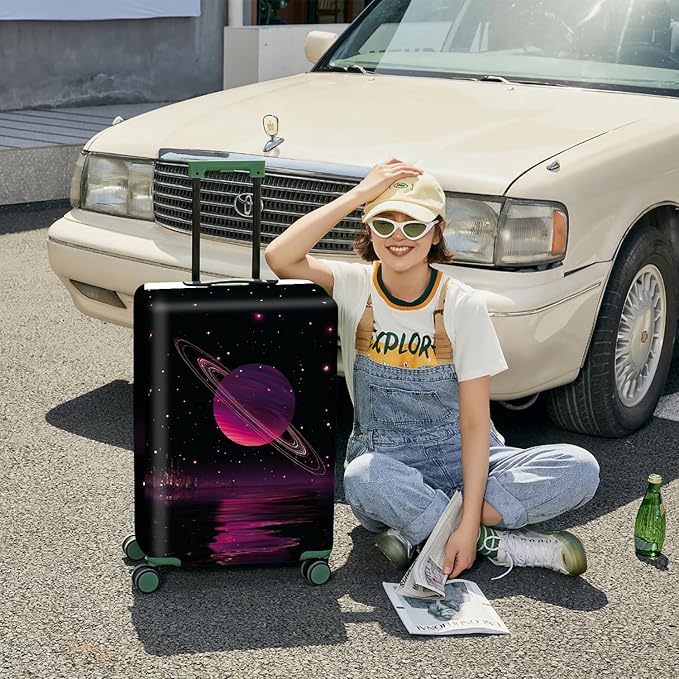 ANNA QUEEN Cosmic Purple Saturn Luggage Cover-Stretchable,Water Resistant & Durable Suitcase Protector,Universal Washable Fit for 24-26 Inch Checked Baggage