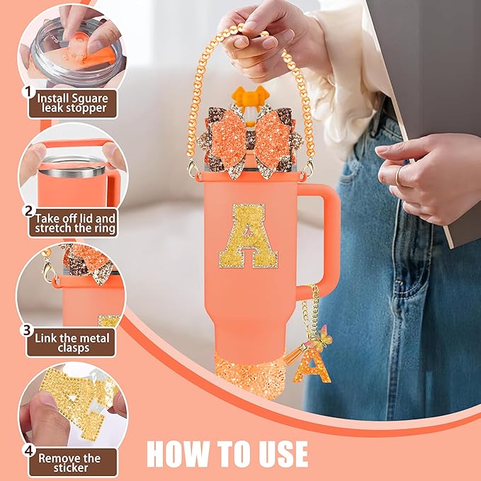 9PCS Orange for Stanley Cup Accessories Set Bling Initials Bow Charms for Stanley Decorations 30/40 Oz Tumbler Accessories Including Bow Straw Topper, Handle Strap, Spill Stopper（Letter L）