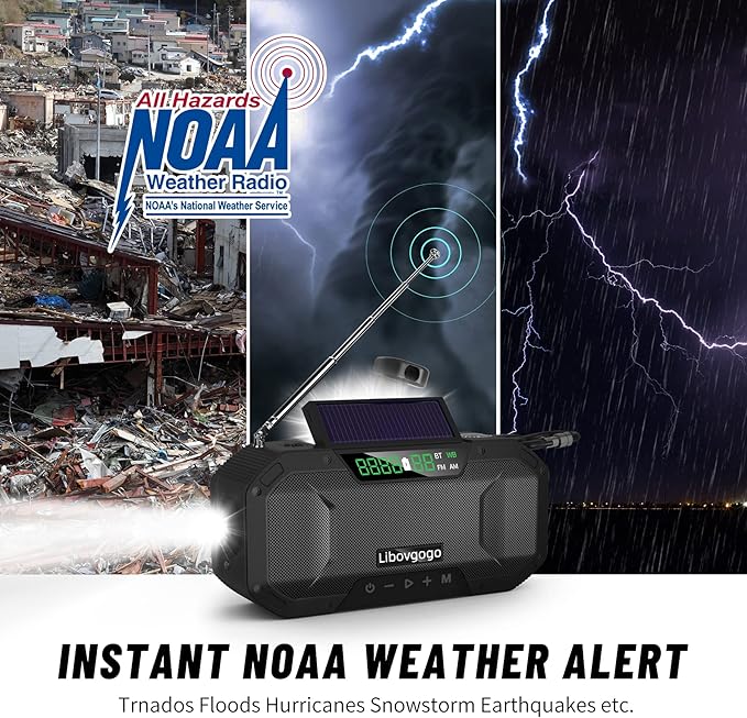 Emergency Radio Waterproof Bluetooth Speaker,Portable AM FM Radio with Flashlight,Reading Lamp,Hand Crank NOAA Weather Radio with Solar Panel,5000mAh/18500mWh Cell Phone Charger,Emergency Survival Kit