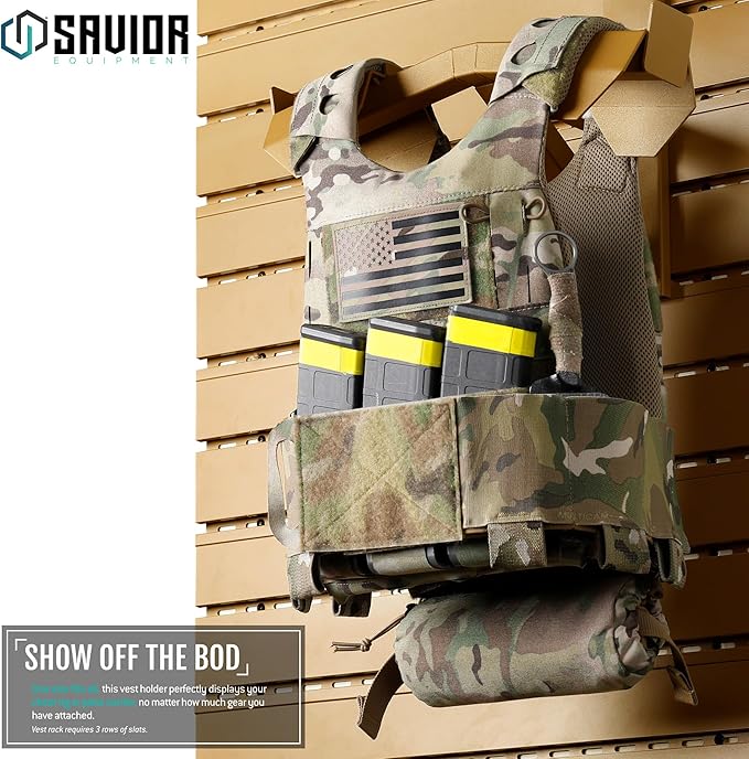 Savior Equipment Wall Rack System Tactical Vest Attachment Gear Wall Mount Display Rack Organizer, Adjustable Width, Heavy-Duty Steel Construction Hold Up to 40 lbs