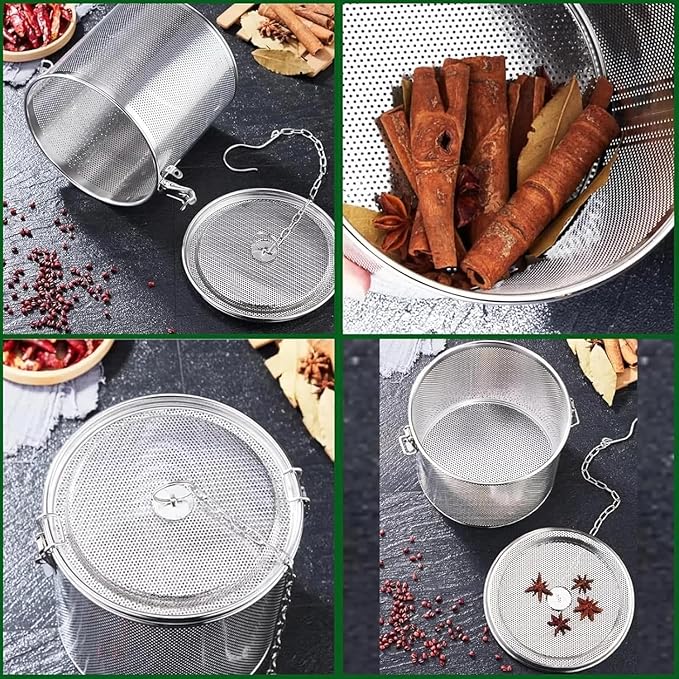 Stainless steel cylindrical seasoning filter, Multi purpose spice filter, Mesh Design Tea Ball Strainer Soup Seasonings Seperation Basket Filter with Chain Hook for Home Restaurant (14 * 14CM/2.154L)