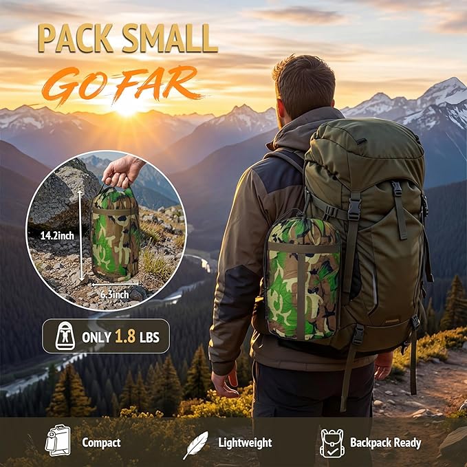 Insulated Camping Blanket | Military Poncho Liner for Hiking Backpacking Travel Hunting & Survival Gear, Water Resistant Outdoor Blanket with Lightweight & Packable Compression Bag (Forest)