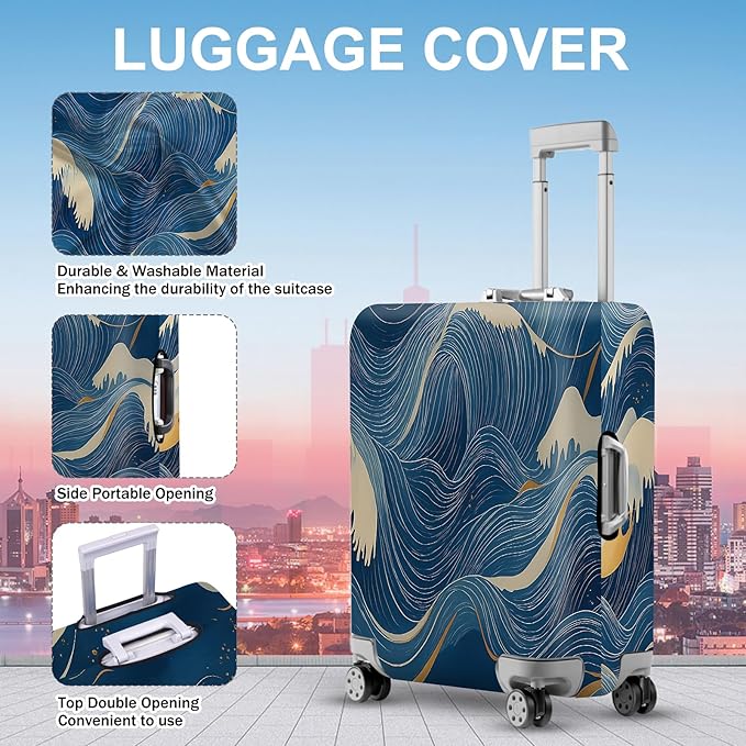 ANNA QUEEN Ocean Wave Luggage Cover, Elegant Blue Flow Line Design Suitcase Protector, Washable Stretchable Travel Sleeve for 32-34 Inch Luggage