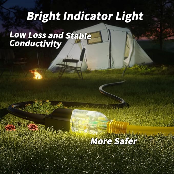 PlugSaf 50ft 12/3 Gauge Outdoor Extension Cord Waterproof with Lighted Indicator, 12 Gauge SJTW Heavy Duty 15Amp 1875W, 3 Prong Cords Flexible Copper Yellow ETL Listed