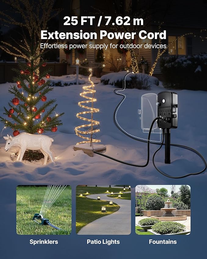 VEVOR Outdoor Power Stake Waterproof, 25 FT Extension Cord, Outdoor Power Strip, Weatherproof with Cover and Overload Protection, 6 Outlets, 15A/1875W for Halloween/Christmas Lights Decorations
