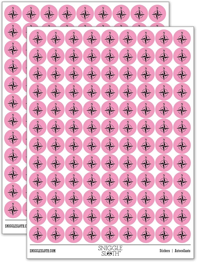 Compass Rose Nautical Star Navigation Map 200+ Round Stickers - Gloss Finish - 0.50" Size - Light Pink