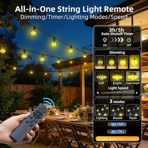 100FT Solar Lights Outdoor Waterproof: G40 30M Shatterproof Bulbs Patio Lights - Solar Powered Remote Control 3 Light Modes Dimmable Solar Light - Camping Backyard Garden Deck Outside Yard