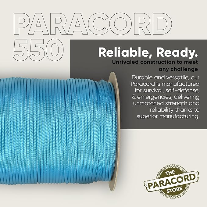 The Paracord Store | Type III 550 Paracord - 1000 FT Spool, Baby Blue | Heavy Duty 7 Strand Tactical Paracord - USA Made Nylon Outdoor Parachute Cord for Camping, Fishing & More - Survival Cord