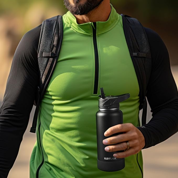 RUBYFLASK 24oz Insulated Water Bottle with Straw, Stainless Steel Metal Vacuum Water Flask, Large Thermal Water bottle with Leakproof 3 Lids for Travel, Camping, Gym Sports Indigo Black