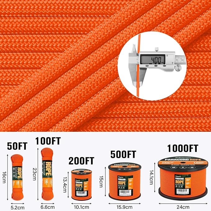 Paracord Rope 750 lb - 100ft 5/32" Parachute Cord 4MM 12-Strand para Cord - Heavy Duty Spool String for Survival,Camping Gear, Survival Bracelet, Clothesline - Orange