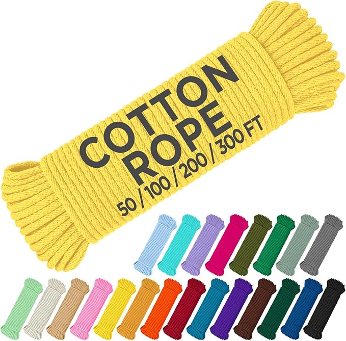 TECEUM Cotton Rope 3/16” (5 mm) – 50 FT – Strong All-Purpose Braided Rope – Natural Cotton – for Crafting, Сamping, Clothes Line, DIY, Indoor & Outdoor Use – Yellow