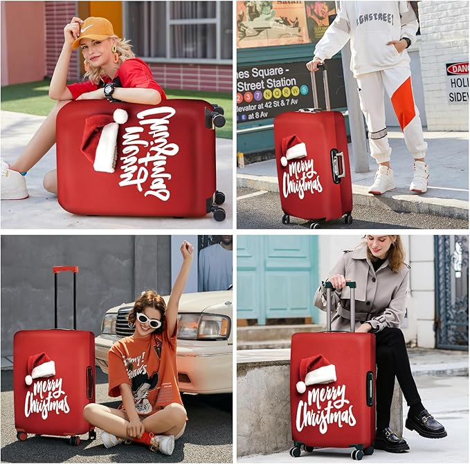 ANNA QUEEN Merry Christmas Luggage Cover, Santa Hat Holiday Design Suitcase Protector, Stretchable Washable Travel Sleeve for 20-22 Inch Luggage