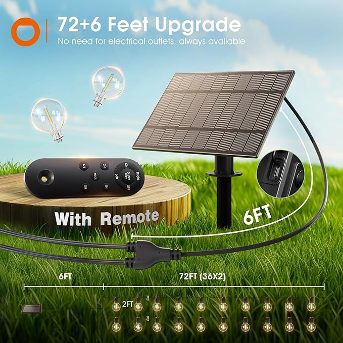 addlon 78FT(72+6) Solar String Lights with Remote, 38 Shatterproof G40 Bulbs, Commercial Grade Solar Powered Outdoor Lights, Dimmable Waterproof Solar Lights Outdoor, for Outside Porch Backyard House