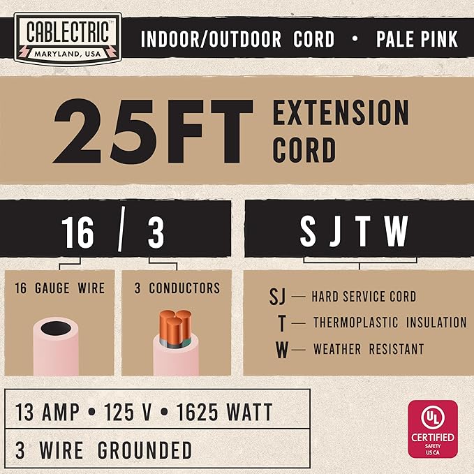 Outdoor Extension Cord 25 ft - 16 Gauge 13 Amp Heavy Duty Power Extension Cords - SJTW - Great for Small Appliances, Outdoor Lights, Garden Supplies - Pink
