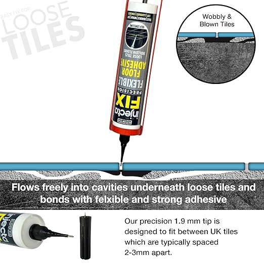Floor-Fix Pro The Original Adhesive - Extra Strength - Fix Loose & Hollow Tiles, Repair Squeaky Wood Floor - All in One 5/64” Patented Stainless Steel Injection Tip + Anti Clog Cap (10.1 Fl Oz)