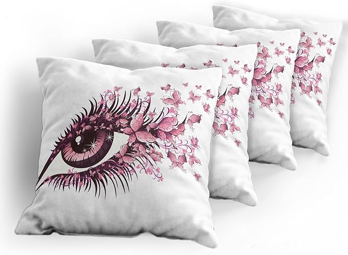 Ambesonne Butterflies Throw Pillow Cushion Case Pack of 4, Female Eye Eyelashes Mascara Stare Party Makeup Animal Print, Modern Accent Double-Sided Digital Printing, 24", Pink White