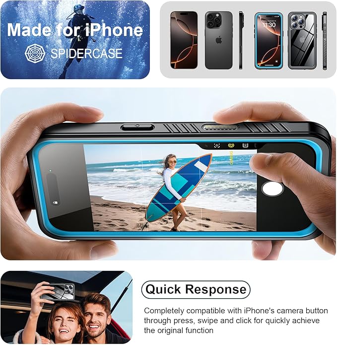 SPIDERCASE for iPhone 16 Pro Max Case Waterproof, Built-in Screen & Camera Protector [IP68 Underwater][Full Body Shockproof][Dustproof] Heavy Duty Rugged Phone Cover 6.9", Blue