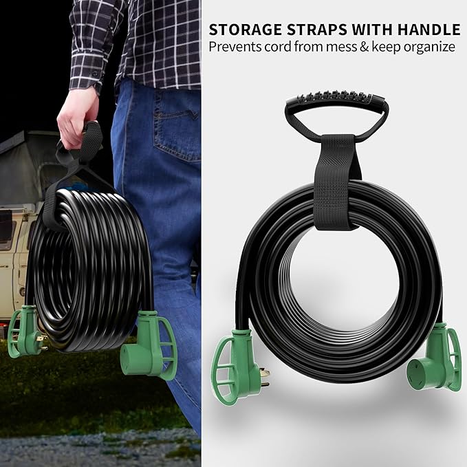 POWGRN NEMA TT-30P to NEMA TT-30R 75 FT 30 Amp RV Extension Cord Outdoor with Grip Handle, Flexible Heavy Duty 10/3 Gauge STW 3 Prong RV Power Cord Waterproof, 30A 125V 3750W, Black-Green, ETL Listed