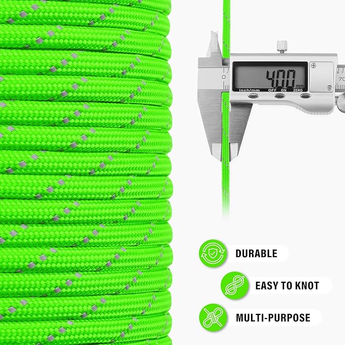 Reflective Paracord Rope 750 lb - 500ft 5/32" Parachute Cord 4MM 12-Strand para Cord - Heavy Duty Spool String for Survival,Camping Gear, Survival Bracelet, Clothesline - Neon Green