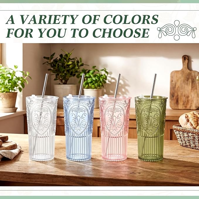 8 Set 20oz Vintage Plastic Tumbler with Lids and Straws Ribbed Floral Drinking Glasses Reusable Iced Coffee Cups for Water Juice Smoothie Cocktail Travel Party Events Gift (Pink)