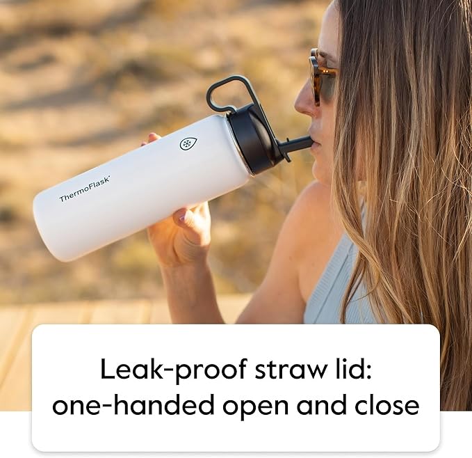 ThermoFlask 24 oz Double Wall Vacuum Insulated Stainless Steel Water Bottle - Reusable with Leakproof Chug & Straw Lids - Keeps Drinks Cold 24 hr/Hot 12 hr - Easy Maintenance - Gym/On-the-Go, Plum