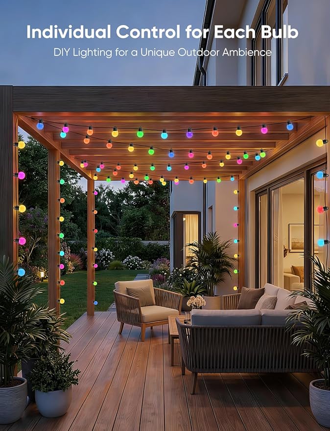 APPECK Outdoor String Lights 50ft, RGBW Color Changing Patio Lights with 25 Dimmable LED Bulbs, 111 Scene Modes, IP65 Waterproof Lighting for Outside, Party, Backyard, Pool, Compatible with Alexa