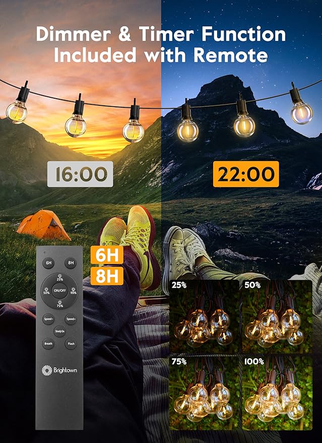Brightown Outdoor String Lights, 38FT 15 Shatterproof LED Bulbs with Remote, Waterproof Dimmable Patio Hanging Lamps for Porch, Balcony, Bistro, Cafe, Deck, Backyard