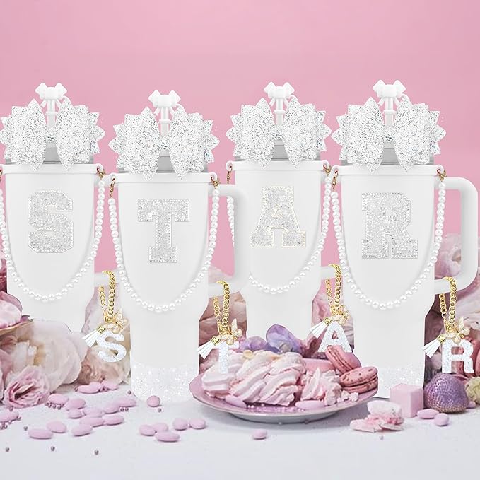 9PCS White for Stanley Cup Accessories Set Bling Initials Bow Charms for Stanley Decorations 30/40 Oz Tumbler Accessories Including Bow Straw Topper, Handle Strap, Spill Stopper（Letter C）
