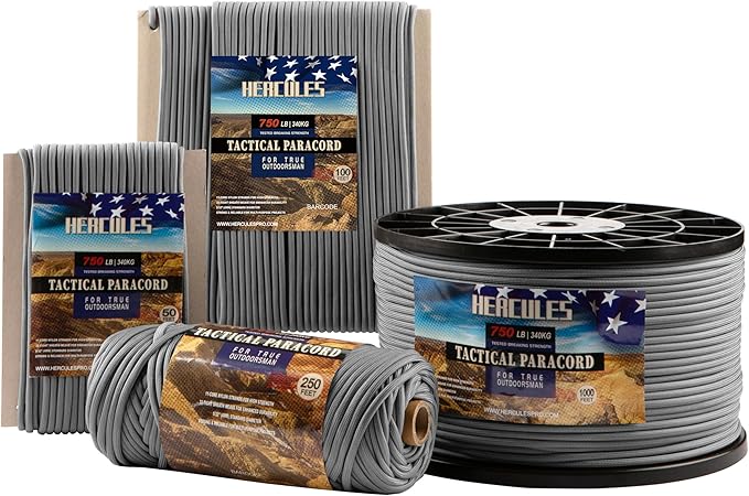 HERCULES 750lb Paracord 4mm 11 Strands Tactical Parachute Cord, 50' 100' 250' 1000' Utility Rope for Camping, Survival, Outdoor Gear (Dark Gray, 1000FT)