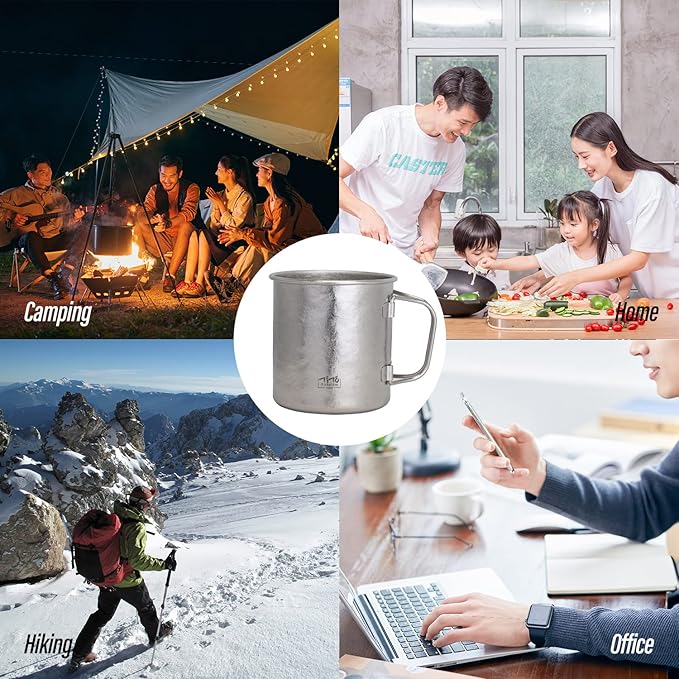 TiTo Titanium Cup Titanium Pot with Lid Ultralight Portable 450ml Foldable Handle Camping Tea Coffee Water Mug for Outdoor Backpacking Hiking Picnic Drinkware with Mesh Sack (Blue)