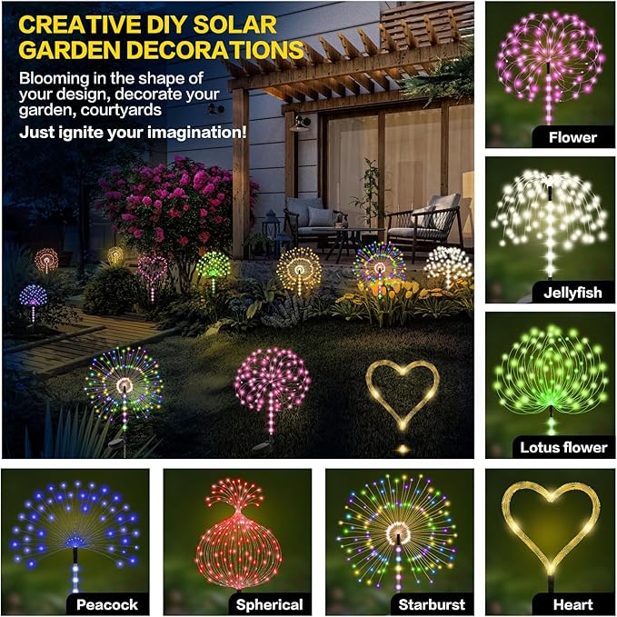 2 Pack 250LED Solar Garden Lights Outdoor, Dual Lighting Modes Firework Lights Solar Powered, Waterproof Twinkle Fairy Light Outside for Yard Patio Pathway Christmas Party Decorative（Purple