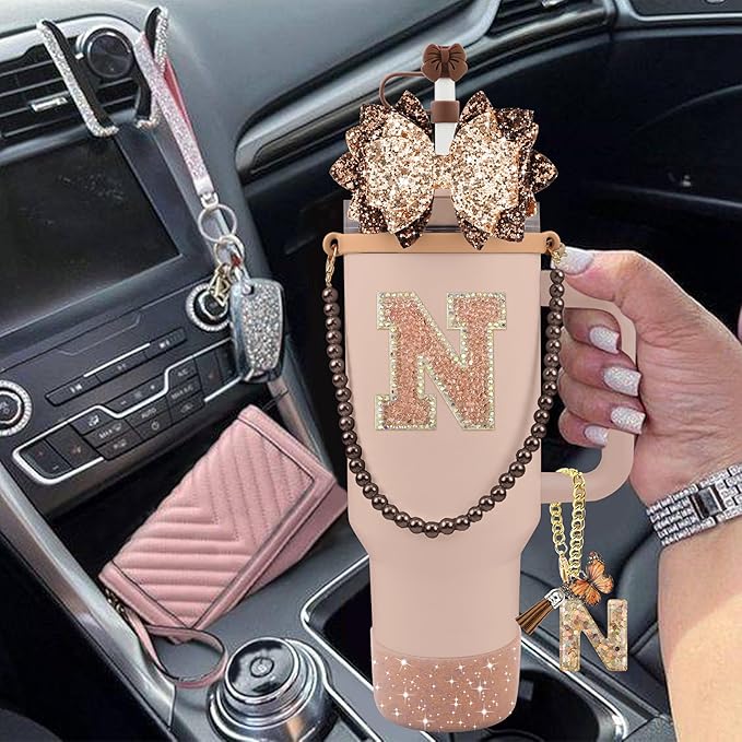 9PCS Brown for Stanley Cup Accessories Set Bling Initials Bow Charms for Stanley Decorations 30/40 Oz Tumbler Accessories Including Bow Straw Topper, Handle Strap, Spill Stopper（Letter N）