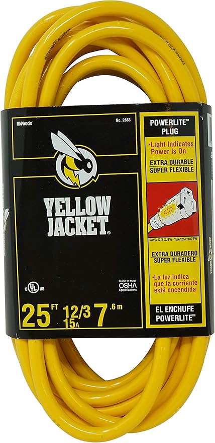 Southwire Yellow Jacket Heavy Duty Extension Cord - Reliable Outdoor Power for Tools & Equipment - Lighted End with Weather Resistant SJTW Jacket - 25 Foot