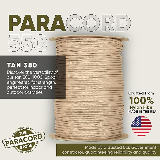 The Paracord Store | Type III 550 Paracord - 1000 FT Spool, Tan 380 | Heavy Duty 7 Strand Tactical Paracord - USA Made Nylon Outdoor Parachute Cord for Camping, Fishing & More - Survival Cord