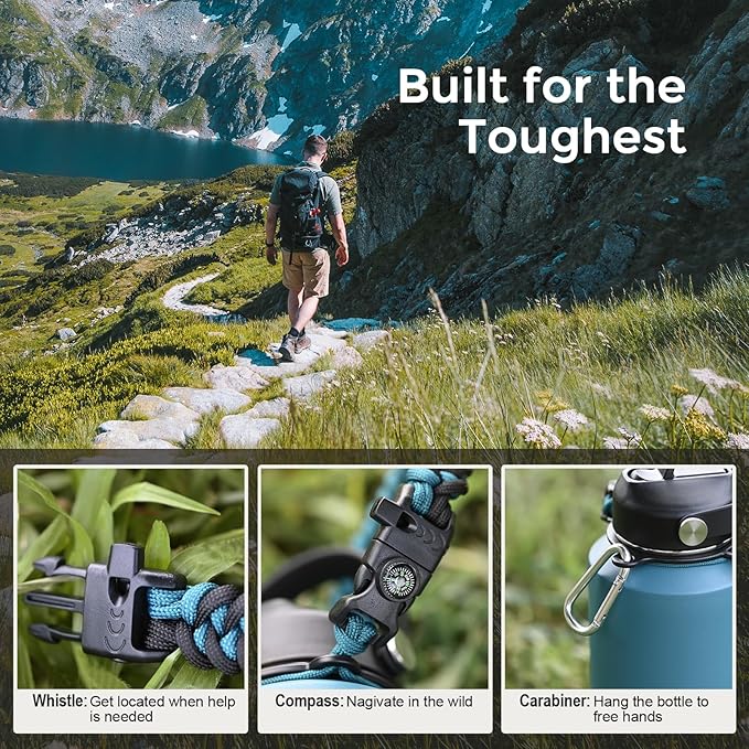 RAYMYLO 32oz Stainless Steel Water Bottle (Cold for 48 Hrs, Hot for 24 Hrs), Triple Wall Vacuum Insulated Water Bottle with Straw Lid, Spout Lid and Paracord Handle, Leakproof, Fit in Any Car Cup