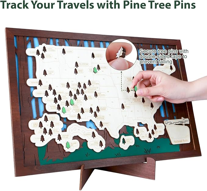 Wooden US National Parks Map Travel Tracker – 3-Layer Framed Wall Art with 70 Tree Pins, Stand, Marker & Gift Box – National Park Checklist Map, Holiday and Educational Geography Gift for Adventurers, Families & Outdoor Lovers, Perfect for RV, Home & H...