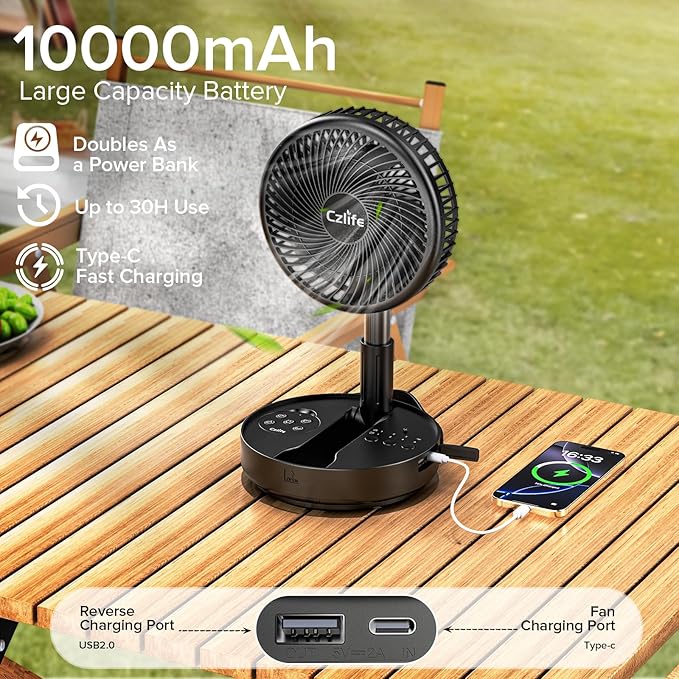Czlife F9 Portable Fan, 10000mAh Rechargeable Battery Powered for Travel Sleeping Camping Bedroom Outdoor, Cordless Floor Desk Fan, Oscillating Folding USB Fan with Remote, 4 Speed, Timer, 7.7"