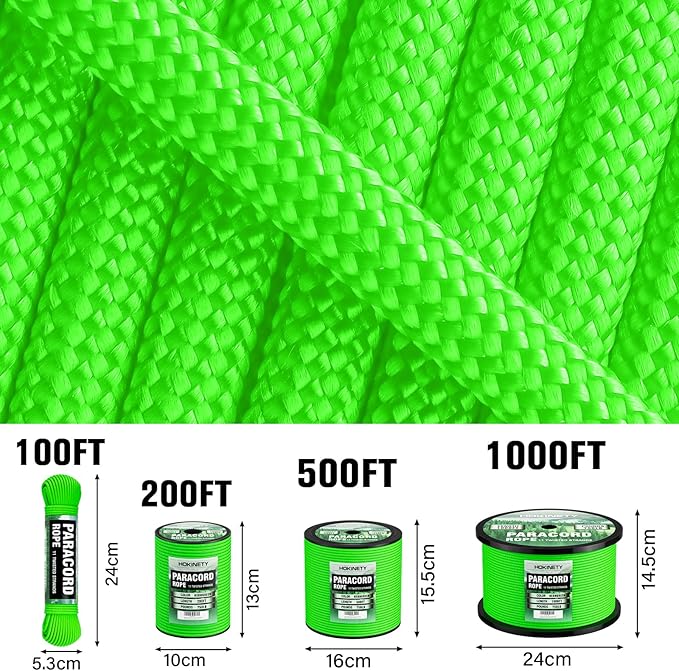 Paracord Rope 750 - Parachute para Cord 4mm 11 Strand Spool Rope Utility Nylon String for Outdoor Camping Survival Utility Tent Crafting DIY Projects - Neongreen 1000ft