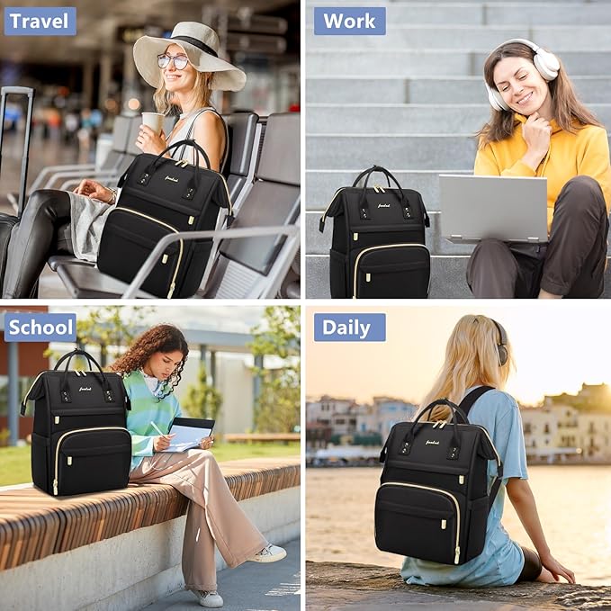 Focdod Women Laptop Backpack Work Bag - Fits 17.3 inch with Laptop Compartment Waterproof Professional Fashion Travel Purse for College Nurse Business Computer Backpack Black
